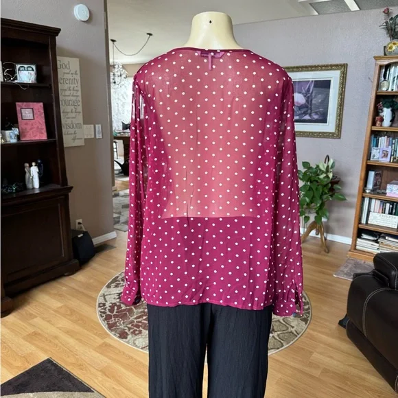 French Connection sheer red & white long sleeve blouse-size L - Picture 8 of 9